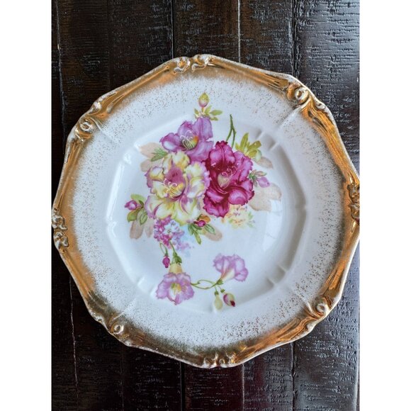 Vintage 8" Gilded Floral Plate – French-Style Pink & Yellow Blooms, Ornate Scrol - Picture 1 of 10